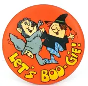 1980 Hallmark BUTTON PIN Halloween MINT WEREWOLF WITCH Lets BOOGIE Pinback CLEAN