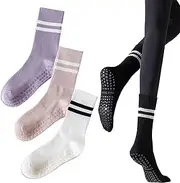 [KAHEYQI] Yoga Socks with Grips for Women, Non Slip Crew Socks for Pilates, Workout, Pure Barre, Ballet, Dance, Hospital (3 Pairs)