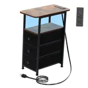 End Table with Charging Station, Narrow Side Table with 3 Fabric Drawers,