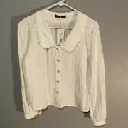 Simplee Peter Pan Frill Collar Cotton Blouse Shirt Stripe Cotton Boho White