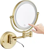 REWIS 8 Inch 2 Sided Wall Mounted LED Lighted Makeup Vanity Mirror with Screen Touch Dimmable, Bathroom Hard Wired HD Magnifying Shaving Mirror,Brushed Gold,5X