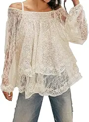 [FeMereina] Women Sheer Lace Off The Shoulder Tops Lantern Long Sleeve Tiered Lacy Tops Loose See-Through Blouses
