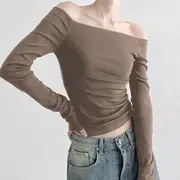 Long Sleeve Off-Shoulder Plain Slim-Fit Crop Top Black - S