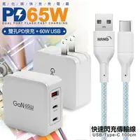 在飛比找Yahoo奇摩購物中心優惠-CB 65W GaN 氮化鎵 快速充電器-白+高密編織線US