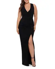 Betsy & Adam Ruched V Neck Gown