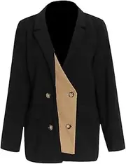 [Zadaos] Women's Casual Blazers Notched Collar Double Breasted Patchwork Contrast Color Suit Jacket