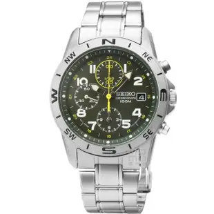 【SEIKO 精工】精工三眼計時賽車鋼帶錶 -軍綠(SND377P1)