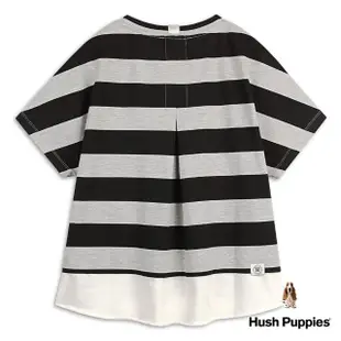 【Hush Puppies】女裝 上衣 寬條紋刺繡狗拼接異材質上衣(黑、灰條紋 / 34210110)