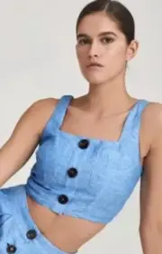 Reiss Alma Linen Blue Crop Top Size UK14 RRP£65 NEW