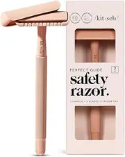 Kitsch Perfect Glide Safety Razor - Metal Handle & Stainless Steel One Blade Razor with 5 Supply Safety Razor Blade & 1 Razor Cap | No Drag Single Blade Razors for Women | Reusable Razor for Women
