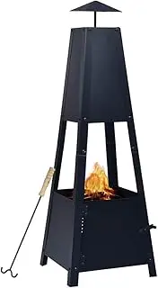 Black Steel Fire Pit, 35x35x99 cm, Pyramid Shape with 4-Leg Stand, Features Handle Bar and Fire Poker, Powder-Coated for Long-Lasting Durability