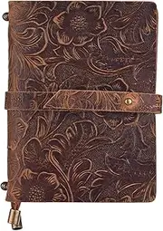 Leather Vintage Embossed Pattern Travel Journal Notebook Lined Blank Grid Paper Diary Refillable Notepad Men & Women Sketching Writing Brown