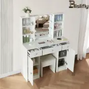 Dressing Table LED Makeup Mirror Stool Set Vanity Desk 3 Drawers & 2 Cabinets