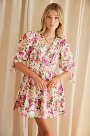 Multi Floral Button Dress Puff Sleeve Rose Floral - Size 10, Women's Skater Dress