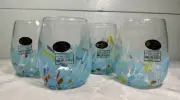 4 White Cristal Murano Style Blue Confetti Stemless Wine Glasses, Italy New