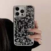 Plating Black White Rose Case For iPhone 16 Plus 15 14 13 12 Pro Max Back Cover