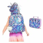 Justice Girls Unicorn Flip Sequins Hooded Backpack SchooI Bag Lunch Box Tote Set