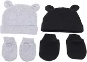 [LIFKOME] Cotton Beanie Gloves Scratch Mittens Baby Hat Mittens Set 3pcs Grey Black Universal Size Newborn to Toddler