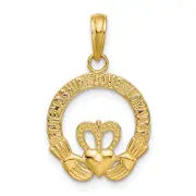 14K Yellow Gold Satin Diamond-Cut Flat-Backed Claddagh Pendant