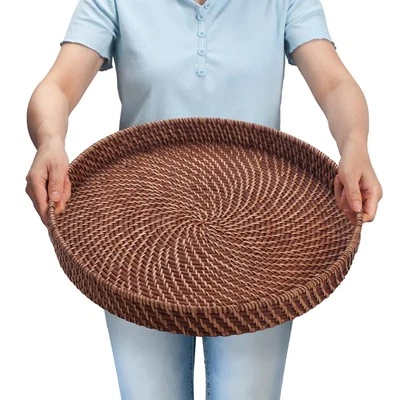 16.9 inch Rattan Tray Round Wicker with Cut-Out Handles Woven Serving