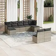 9 Piece Garden Sofa Rattan Set with Cushions, Grey Poly Wicker Outdoor Conversation Seating for Patio, Balcony & Porch Furniture