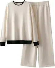 [Generic] Women 2 Pieces Thick Warm Set Knitted Tracksuit O Neck Sweater Loose Jogging Pants Pullover Sweater Set