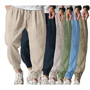 Men's Joggers Linen Pants Trousers Summer Pants Drawstring Elastic Waist Plain Comfort Breathable Daily Beach Fashion Streetwear Dark Khaki Black Micro-elastic