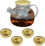 33.8oz Glass Teapot with Bamboo Lid Stovetop Safe and 3.4oz(4-Pack) Double Walled Glasses Teacups,Glass Tea Maker Gift Set for Loose Leaf and Blooming Tea
