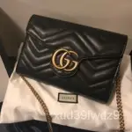 精品現貨 GUCCI 474575GGMARMONT2.0黑色雙G金屬扣飾鍊帶WOC肩背包