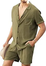 [Maiyifu-GJ] Men's Cotton Linen Sets 2 Piece Beach Outfits Fashion Short Sleeve Shirts and Shorts Set Summer Casual Linen Suit, Army Green, XX-Large, Army Green, XX-Large
