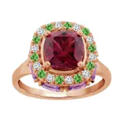 Captivating Color Cushion-Cut Rhodolite, Amethyst, Tsavorite and 0.20 CT. T.W. Natural Diamond Frame Ring in Solid 14K Rose Gold