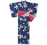 NEW Uniqlo Blue Japanese Kimono Yukata OBI Belt Set with Bamboo & Flowers