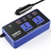 ZunDian 200W Car Power Inverter Blue, DC 12V to 220V AC with PD 24W/ QC 24W Quick Charge, Power Inverter for Vehicles, Car Office Working, Camping, Road Trip