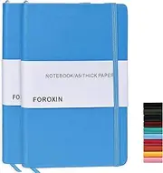 [foroxin] Lined Journal Notebook Light Blue Leather for Women Men 2 Pack 8.3 x 5.7 Large College Ruled 192 Pages 80gsm Hardcover Notebooks Work Home School with Elastic Band Closure and Ribbon Bookmark