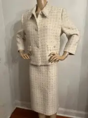 NWT St John Knit size 14 dress & jacket suit White & Gold Tweed