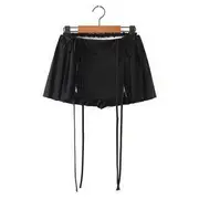 Low Waist Plain Zip Up Mini A-Line Pleated Skirt Black - L