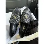 二手 CHANEL 香奈兒22A 樂福鞋 LOAFER 黑色小羊皮 3CM 書包扣金標 帆船鞋 小香懶人鞋/穆勒鞋