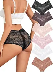 [Sth Big] Sexy Underwear for Women Petal-Soft Lace V-Waist Boy Shorts Breezy Cheeky Stretchy High Waist Panties 6 Pack
