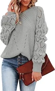 [Suhorseful] Women's Knit Sweaters Casual Long Sleeve Crewneck Trendy Pullover Lightweight Oversized Crochet Sweater Tops