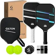 GILTON Pickleball Paddle Set of 2 - T700 Raw Carbon Fiber Surface - USAPA Approved Pickleball Rackets - 16mm Honeycomb Core - 2 Paddles,2 Balls,3 Overgrips,1 Eraser Block,Paddle Cover - Lightweight