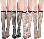 [Telooco] 4 Pairs Women's Fishnet Knee Stockings Black Fishnet Mesh Hollow out Socks Tights Fishnet Stockings, Black, One Size