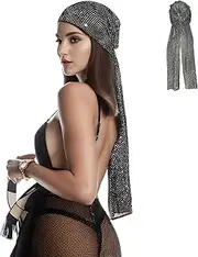 [Munyee Hua] Turbans for Women Fashion Bling Rhinestones Headpiece Elastic Snood Long Scarf Hijab Cap Mesh Crystal Hats Nets Ball Party Headband (Black)