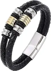 [BOSUGE] Charming Bracelet， Handmade Braided Genuine Leather Wristband Bracelet Beads Charm Stainless Steel Clasp Men Jewelry (Size : 18CM) (Color : Stainless Steel)