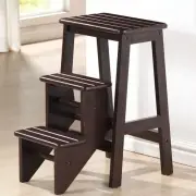 Brown Wooden Folding Step Stool Seat 3 Tier Platform Ladder Kitchen Office Home