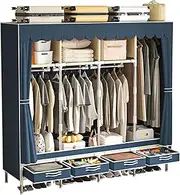[LEAIJIAFY] Portable Wardrobe with 4 Drawers and 3 Shelves, 67 Inch Large Capacity Freestanding Wardrobe Hanging Organizer with Lid for Bedroom, Blue