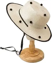 [Generic] Kids Flat Top Jute Straw Hat with Pom-Poms and Chin Strap, Summer Wide Brim Sun Hat for Outdoor Travel Girls Age 8+