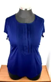 Ann Taylor Short Sleeve Tee Plus Size XXL Navy Blue Pleated Snap Front Soft Knit