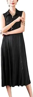 [Fulbant] A-Line Dress Turn Down Collar Summer Dress Women Sleeveless Casual Loose Fashion Solid Pleated Miyak Dress Women's Clothing