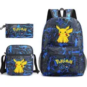Pikachu School Bag Backpack Pencil Case Shoulder Bag Three-piece Set Blue pattern