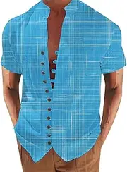 xoxingysm Mens Linen Shirts Short Sleeve Button Down Casual T Shirts Summer Tropical Lightweight Comfy Plaid Hippie Shirts